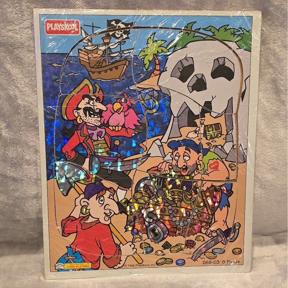 Vintage 1996 Playskool Pirate Treasure 8 Piece Wood Puzzle Holographic 269-03